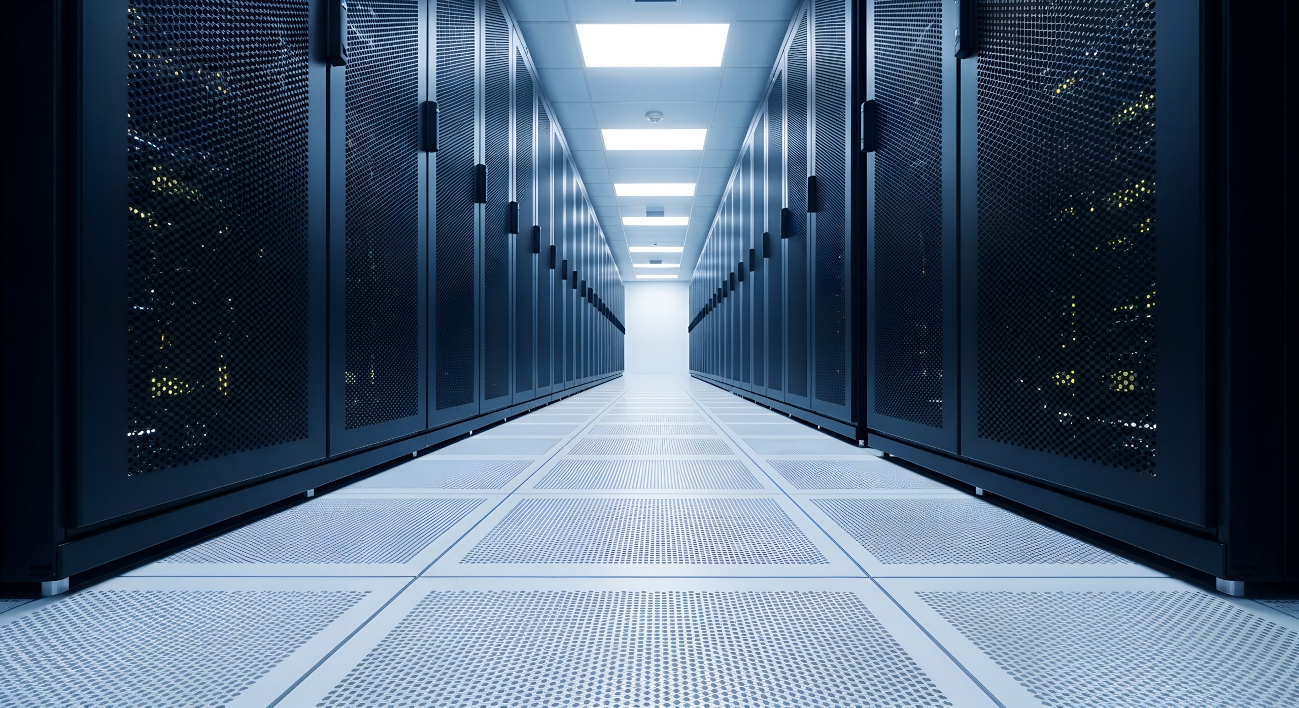 data center lined with racks of servers on both sides, forming a pathway inbetween