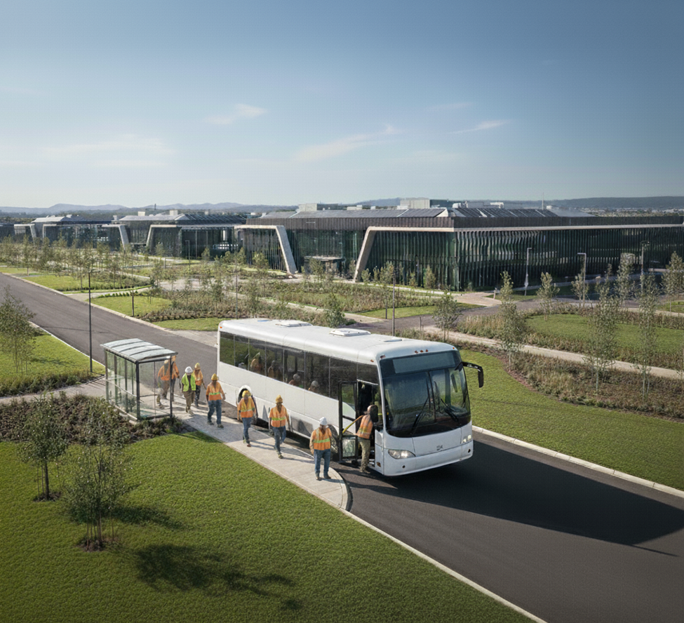 construction workers loading a bus on a data center campus. there is a large data center in the background