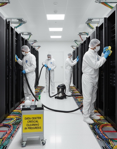 four workers in white jumpsuits, hairnets, masks, and blue gloves cleaning server racks in a data center. There is a cart in the foreground of the image that says 'Data Center Critical Cleaning in Progress'