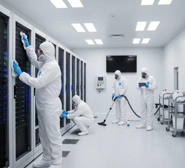 four men cleaning a data center